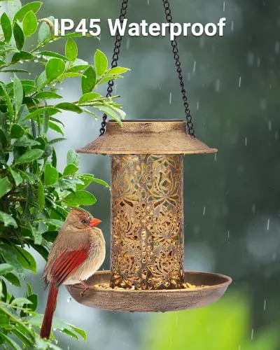 SWEETFULL Solar Bird Feeder for Outdoors Hanging, Metal Wild Bird Feeder for Cardinals Solar Garden Lantern with S Hook as Gift Ideas for Bird Lovers (2LBs Heavy Duty birdfeeders)