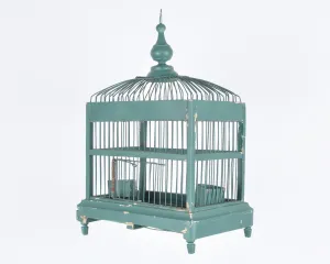 Vintage Italian Architectural Designed Handmade Wood and Metal Bird Cage-Teal Green-Antique Birdhouse Decor