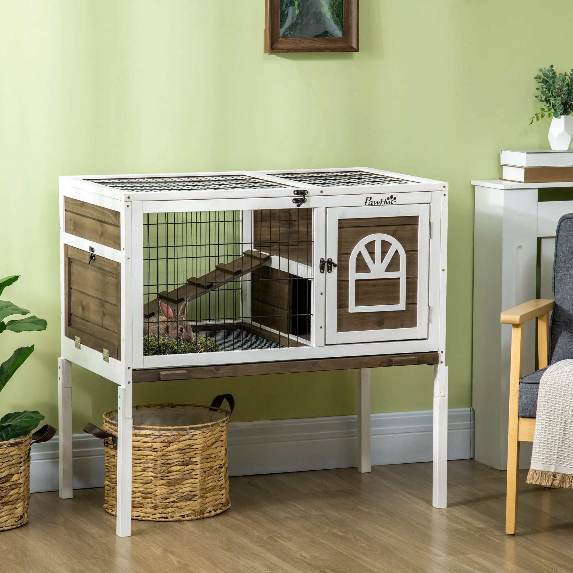 Wooden Rabbit Hutch with Openable Roof, Elevated Guinea Pig Cage with Ladder, Small Animal House w/ Slide-out Tray 90 x 53 x 87cm Coffee Brown